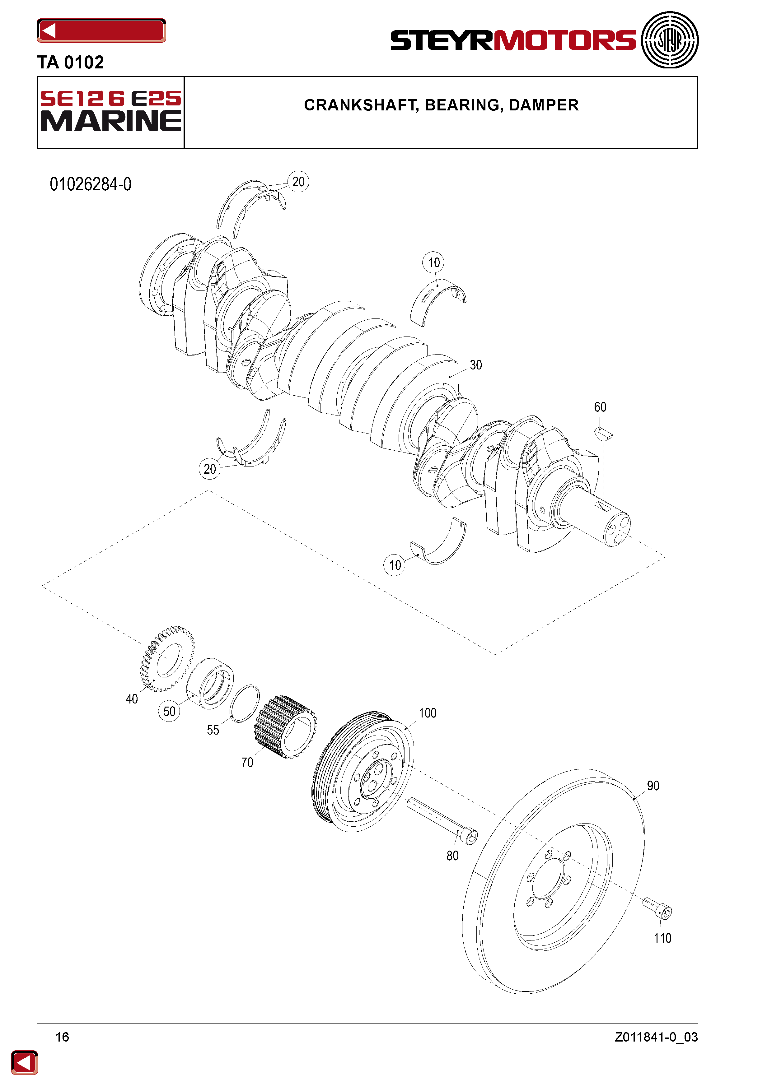 Crankshaft, Bearing, Damper exploded view