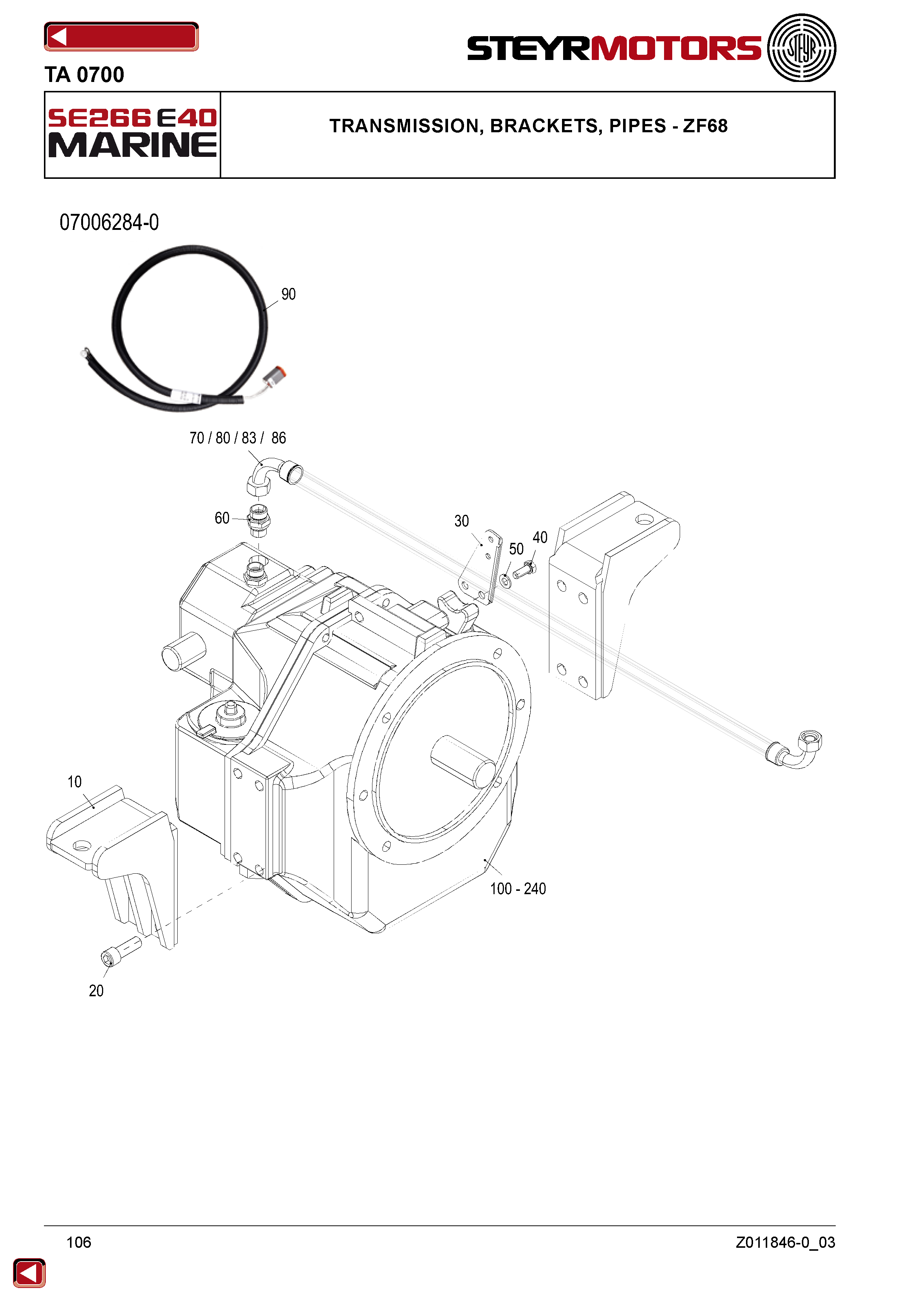 Transmission, Brackets, Pipes - ZF68 exploded view