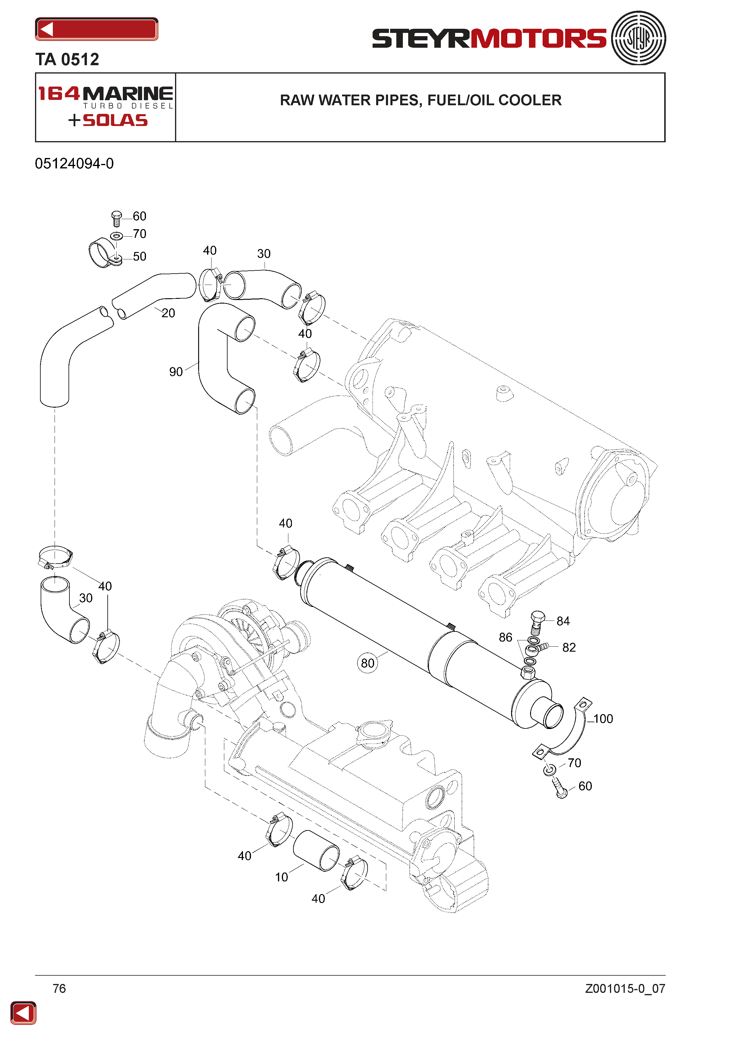 Raw Water Pipes, Fuel/Oil Cooler exploded view