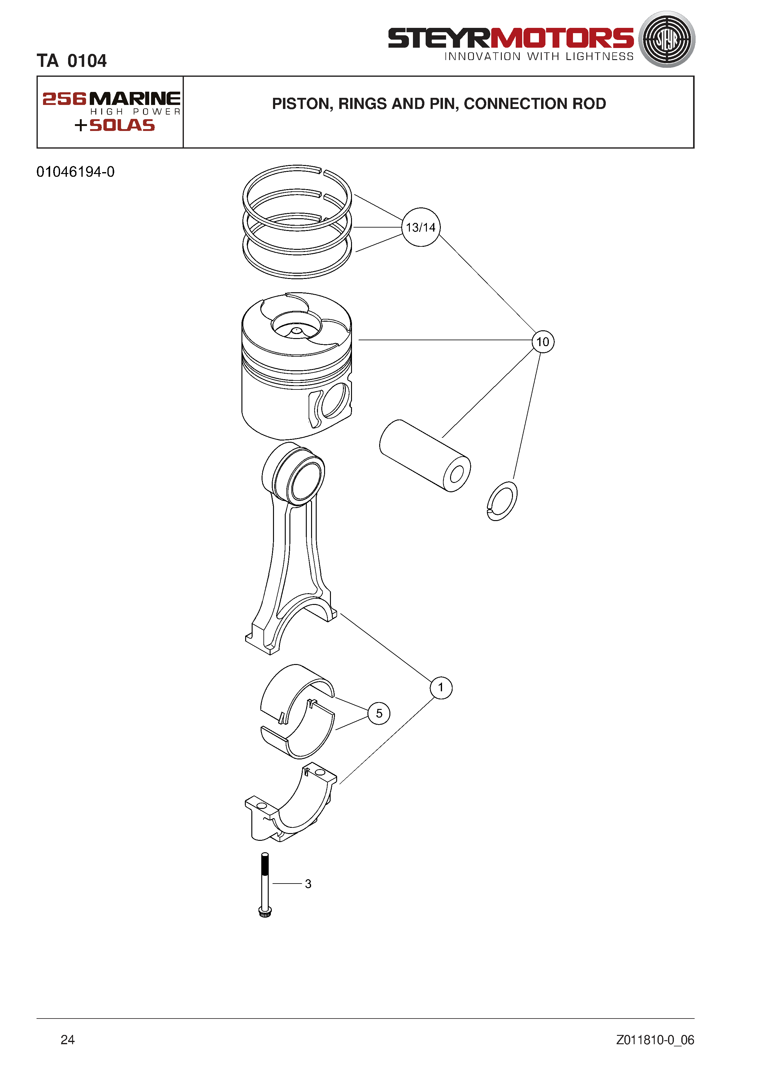 Piston, Rings And Pin, Connection Rod exploded view