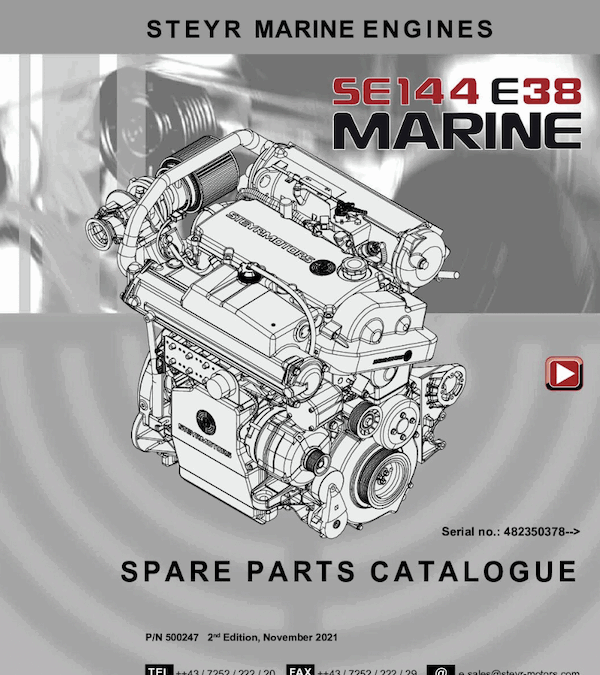 Catalog cover with engine drawing for Steyr Motors marine engine model SE144E38